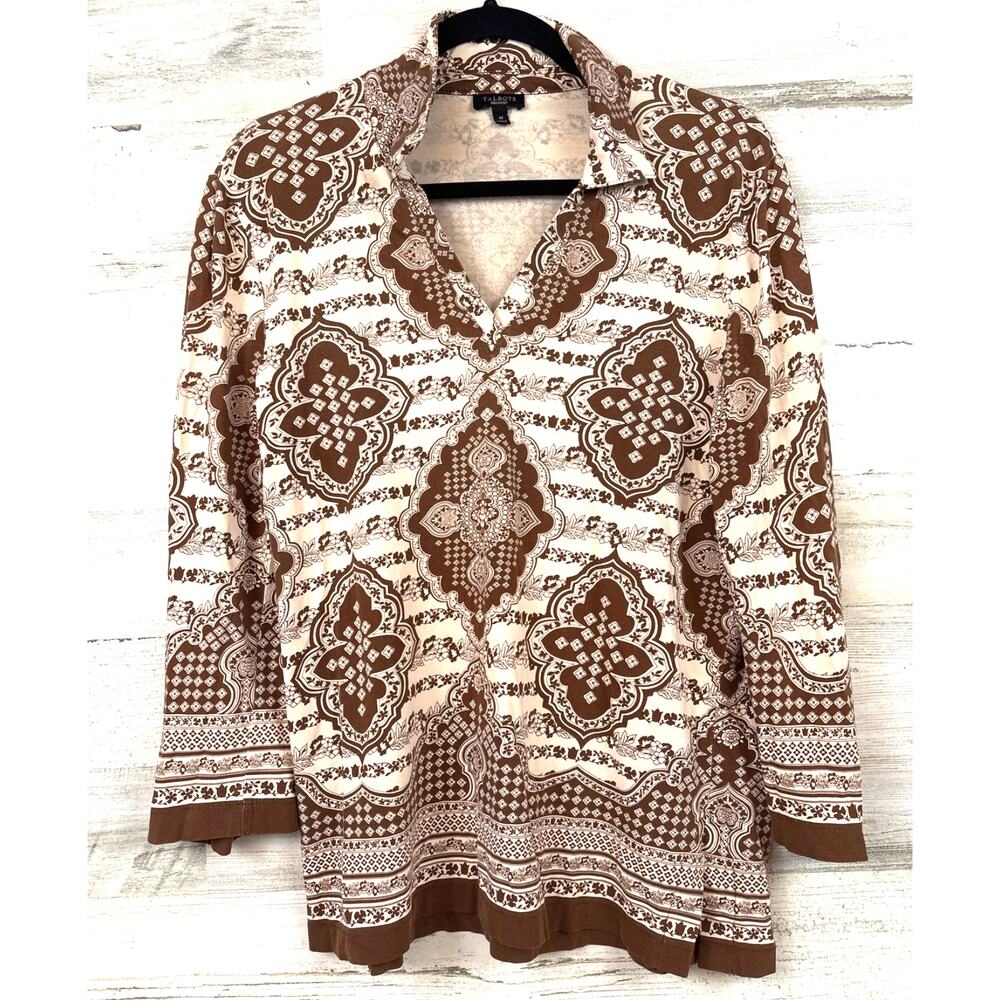 Talbots Womens M Brown Cream Retro Boho Print Cotton Blend Collared Blouse